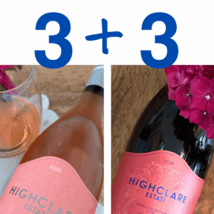 Two Highclare Estate wine bottles, Estate Rosé and Pinot Gris with flowers and numbers.