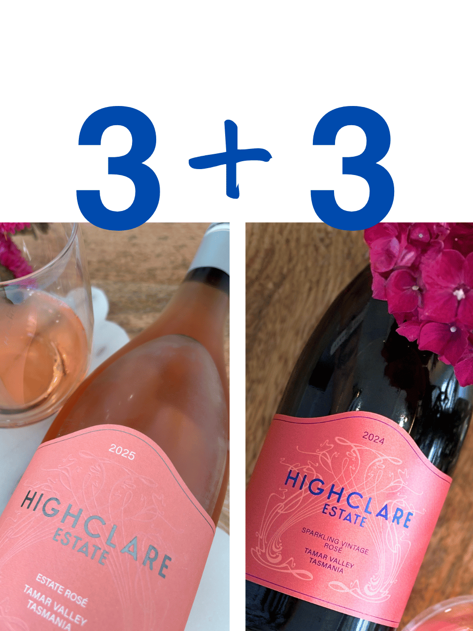Two Highclare Estate wine bottles, Estate Rosé and Pinot Gris with flowers and numbers.