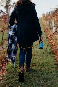 Person walking through vineyard holding wine bottle